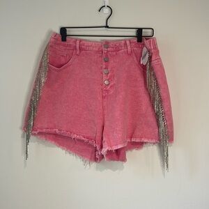 Savanna Jane Pink Jean Shorts with Silver Fringe